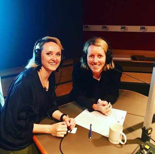 Jodie Imam and Cara Waters recording podcast in studio 2018
